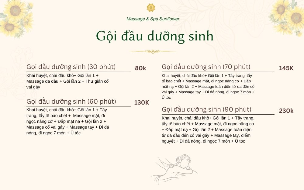 bảng giá gọi đầu dưỡng sinh tại Massage Sunflower