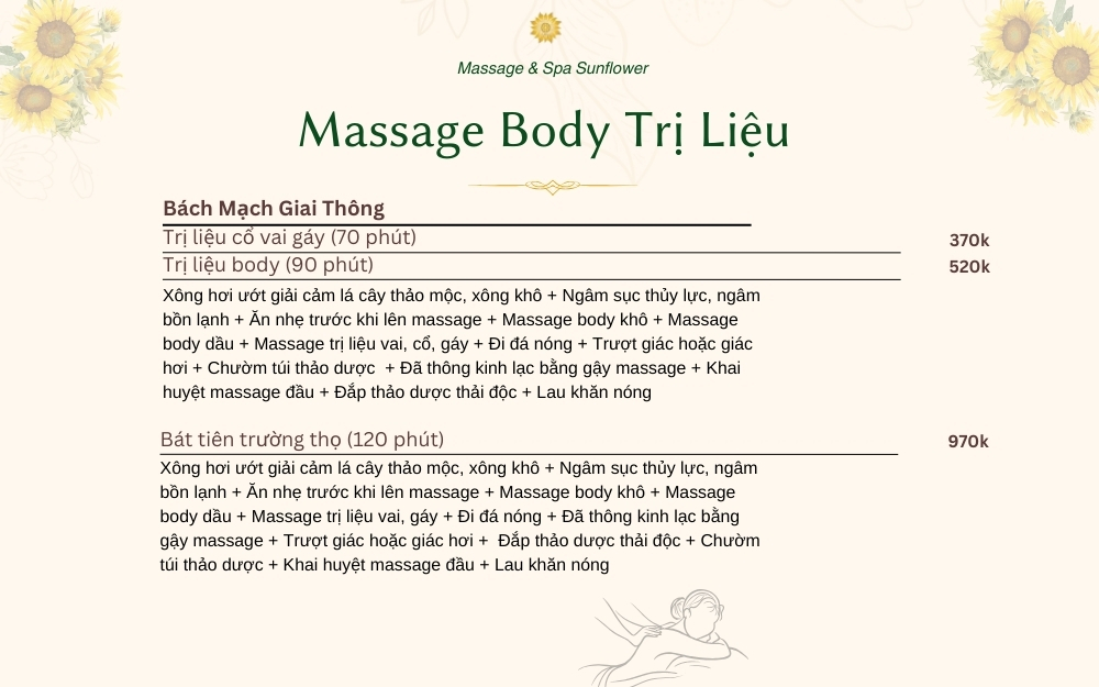 bảng giá massage body trị liệu tại Massage Sunflower