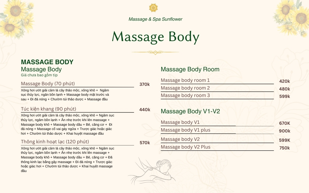 bảng giá massage body tại Massage Sunflower