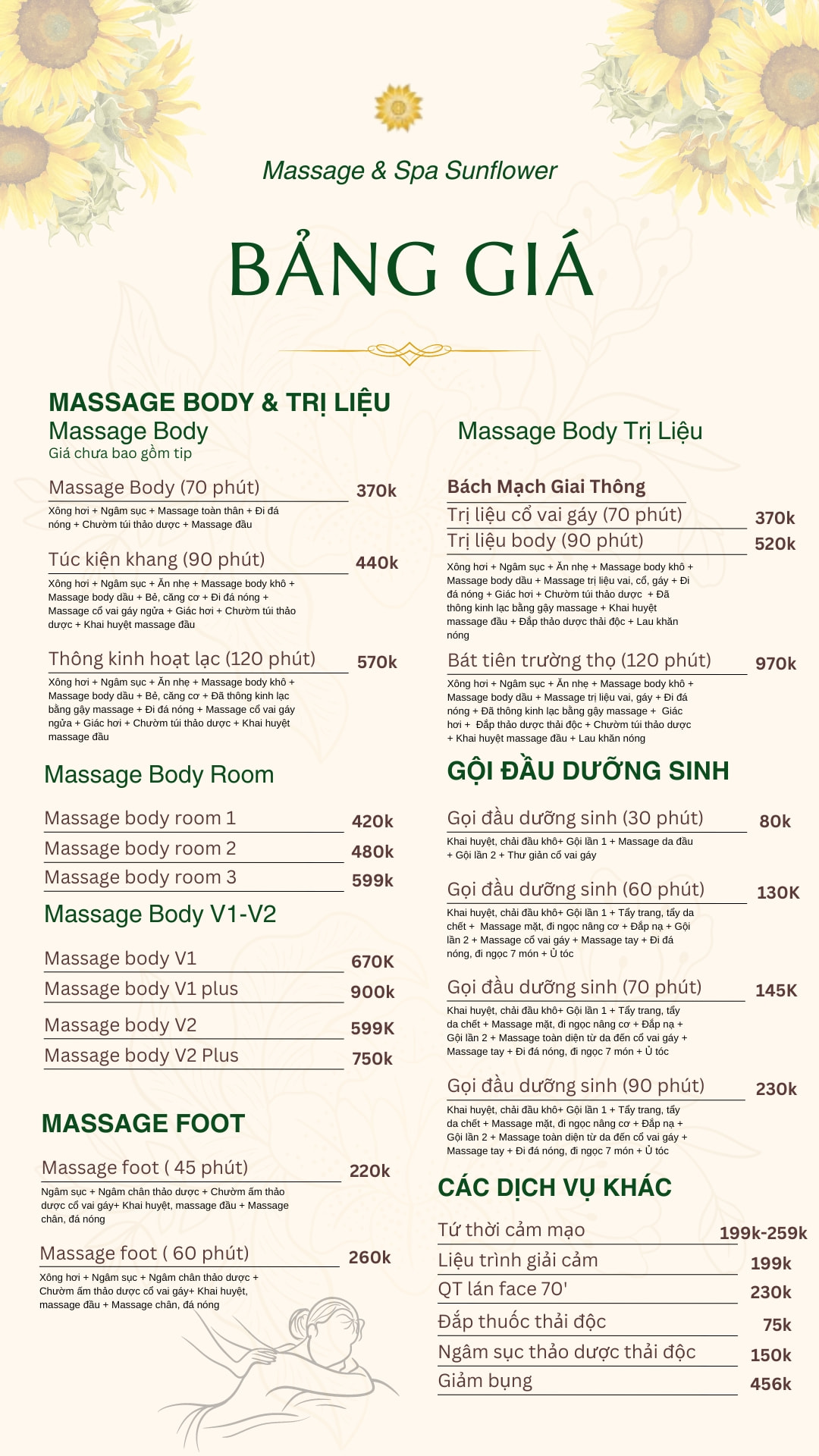 Bảng giá tổng thể massage sunflower