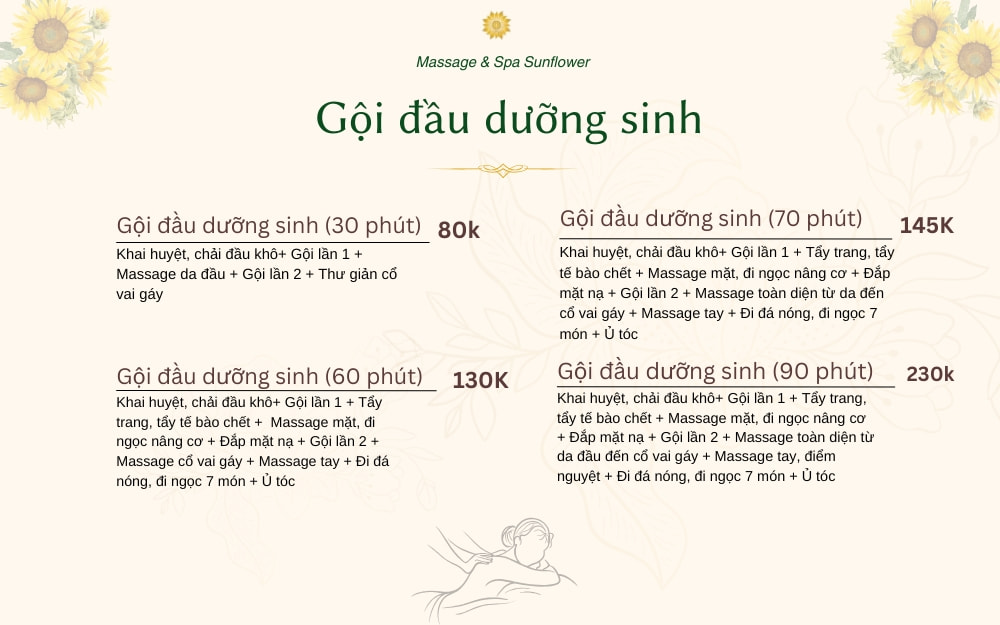 Bảng giá gội đầu dưỡng sinh Massage Sunflower